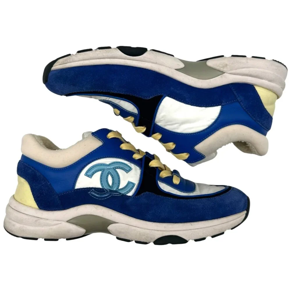 Chanel Cobalt Blue & Butter Yellow Logo Sneakers